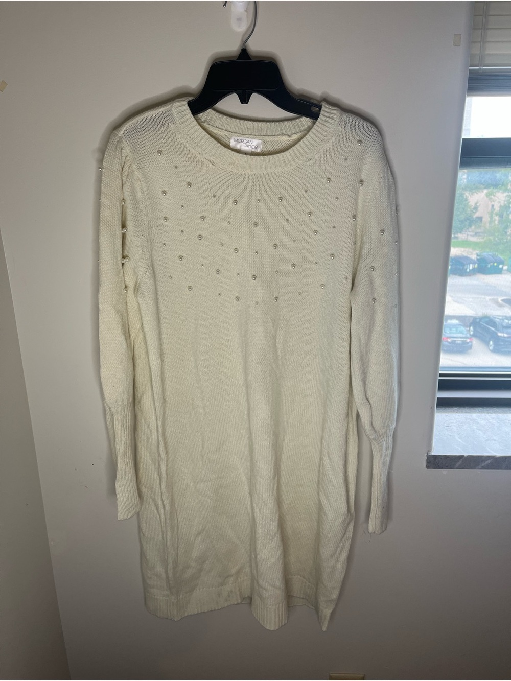 Morgan Taylor Ivory Pearl-Trim Knit Long Sleeve Dress